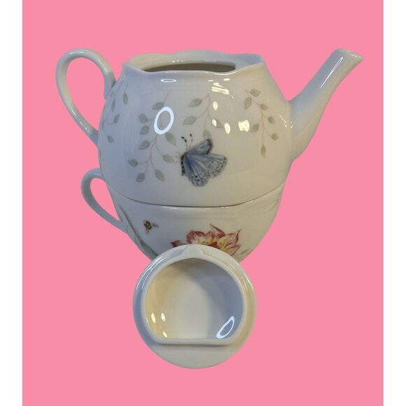 Lenox Butterfly Meadow Individual Stackable Porcelain Teapot & Lid With Teacup - Picture 6 of 12